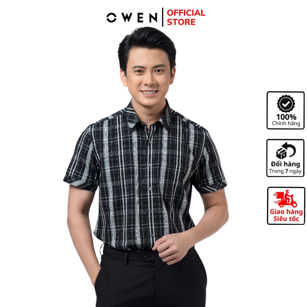 Áo sơ mi nam ngắn tay OWEN BA220223NT somi công sở vải bạc hà cao cấp màu kẻ caro đen trắng dáng suông tà bằng có túi