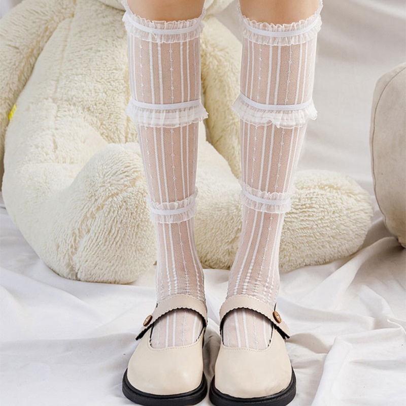 Vớ Dài Qua Gối Vải Lụa Mỏng 3 Tầng Viền Ren Lưới Sọc Kim Tuyến Phong Cách Lolita Nhật Bản Harajuku Mùa Hè Cho Nữ