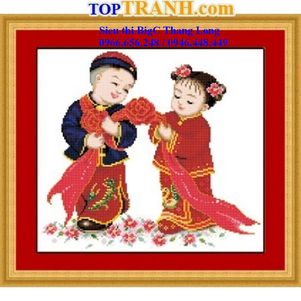 Tranh thêu chữ thập cỡ nhỏ đám cưới cô dâu chú rể tiên đồng ngọc nữ X226 chưa thêu