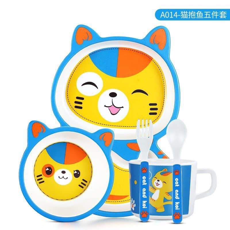 Set 5 món khay, tô, ly, thìa, nĩa cho bé ăn dặm chất liệu nhựa sợi tre hữu cơ, thân thiện với môi trường