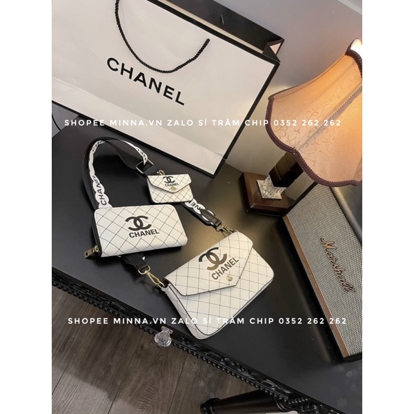 Túi Đeo Chéo Nữ Đẹp Sét 3 Món Dáng Bì Thư In Vạch Chéo Nổi