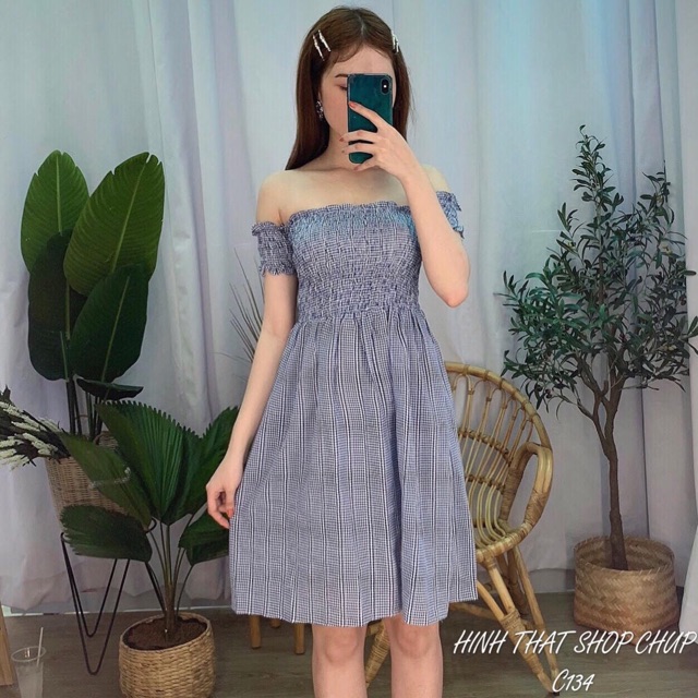 Đầm nhún chỉ bệt vai dáng xòe MH