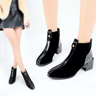 Giày Bốt Nữ Da Lộn Viền Da Gót Vuông cao 5cm