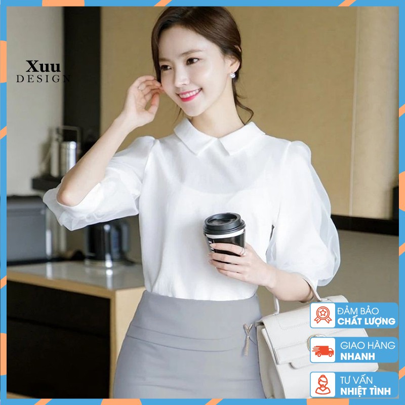 Áo sơ mi nữ tay lỡ Xuu Design, Áo sơ mi nữ công sở, áo kiểu nữ tay phối voan mỏng Xu11