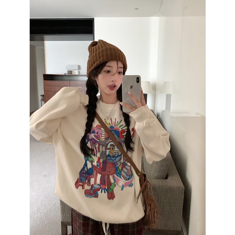 Áo Sweater Cổ Tròn Tay Dài Dáng Rộng In Họa Tiết Hoa Xinh Xắn Thời Trang Hàn Quốc Cho Nữ