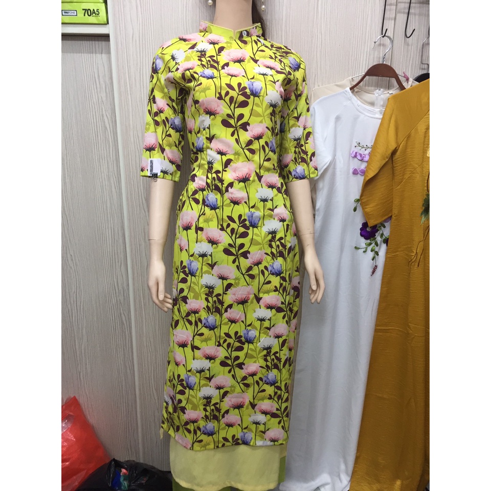 free ship xtra aó dài hoa tím 4 tà chất liệu von tơ bên ngoài lụa bên trong size m