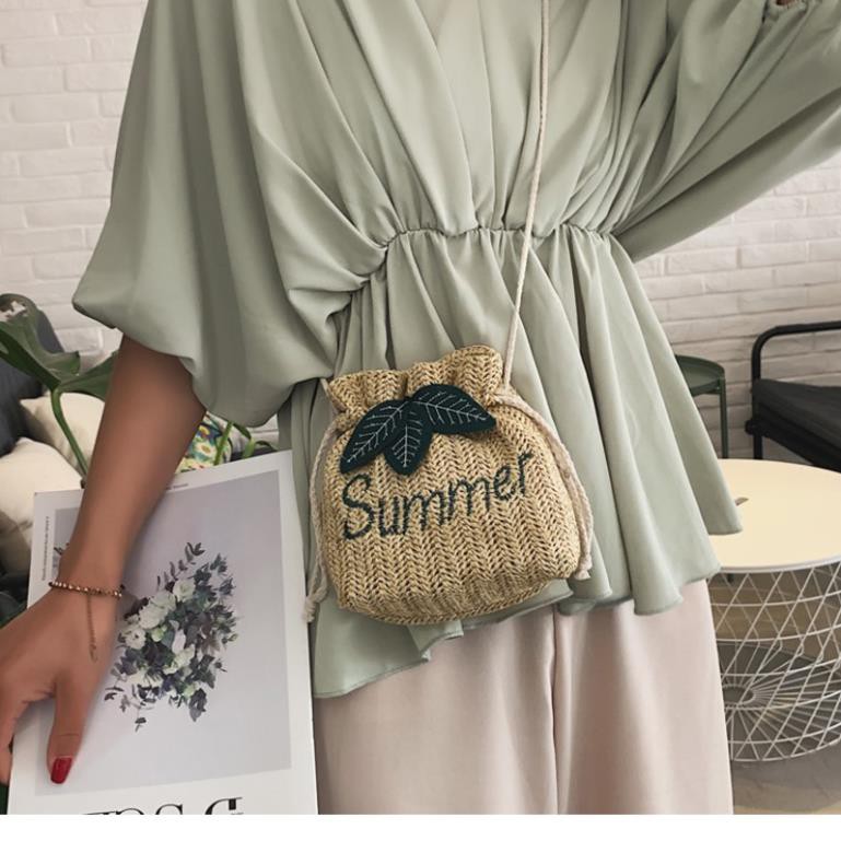 Túi nữ vải rút đeo vai hình lá SUMMER mùa hè mới vải xô rơm Hàn Quốc túi nữ dệt thoi đi biển giá rẻ SM112 Tuidepstore