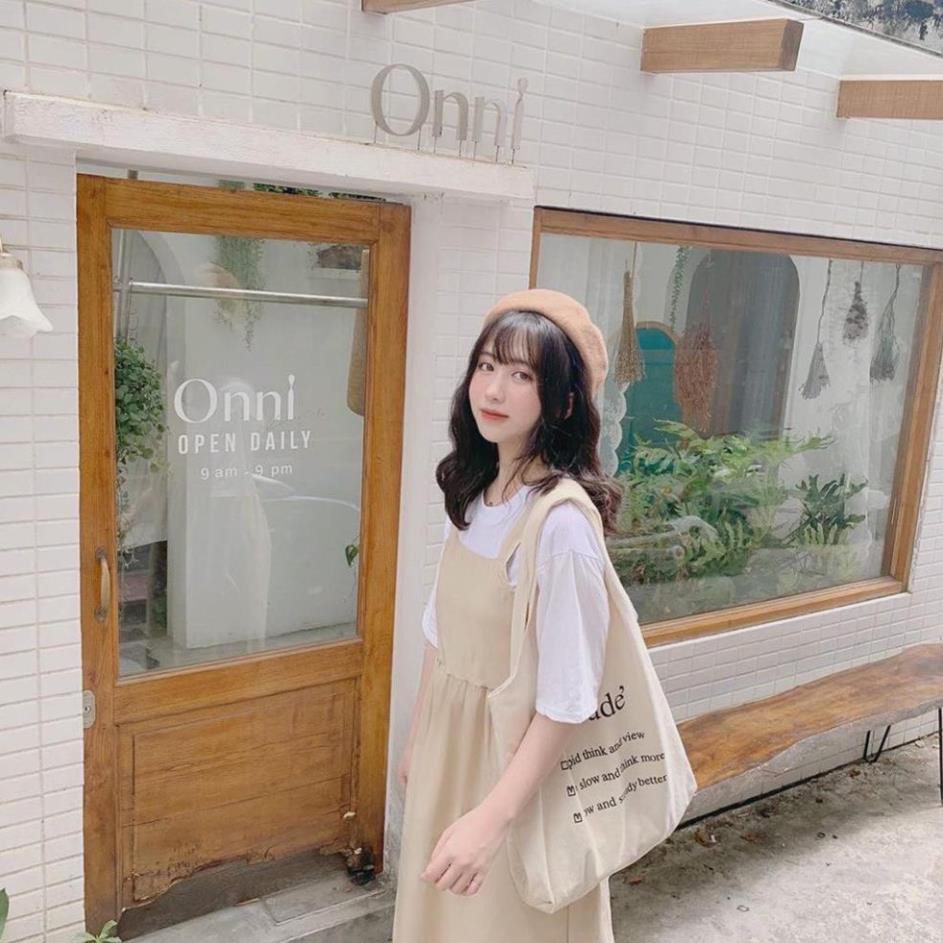 (mới) SET VÁY YẾM KAKI BE + ÁO THUN TRẮNG - BỘ ĐẦM 2 DÂY BẢN TO MÀU BE DÁNG DÀI ULZZANG