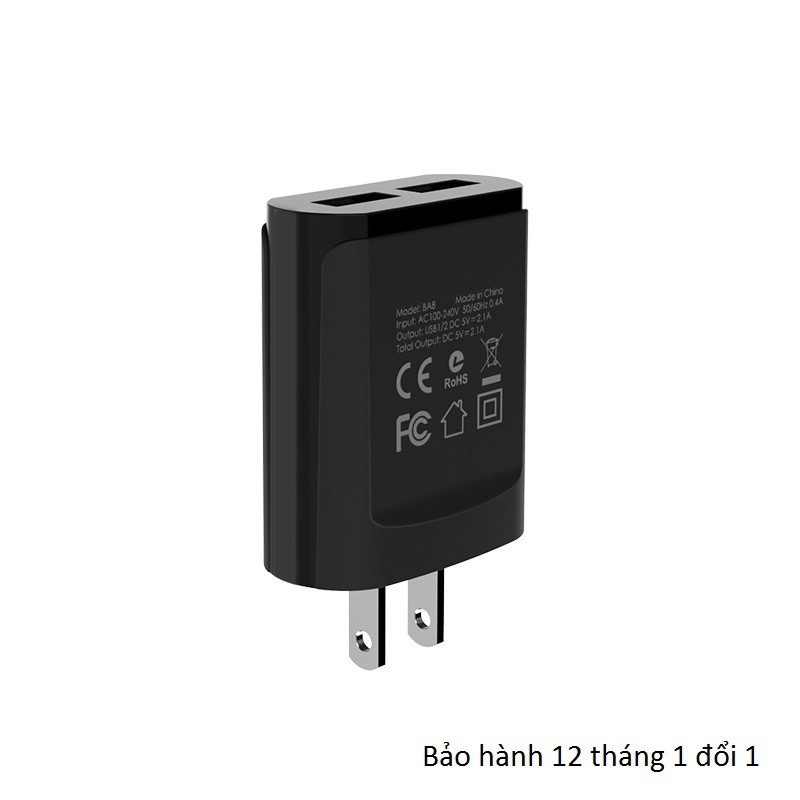 Cốc sạc củ sạc 2 cổng USB, phích cắm mỹ, dòng điện đầu ra 2.1A dùng cho điện thoại máy tính bảng BOROFONE BA8 LePlug
