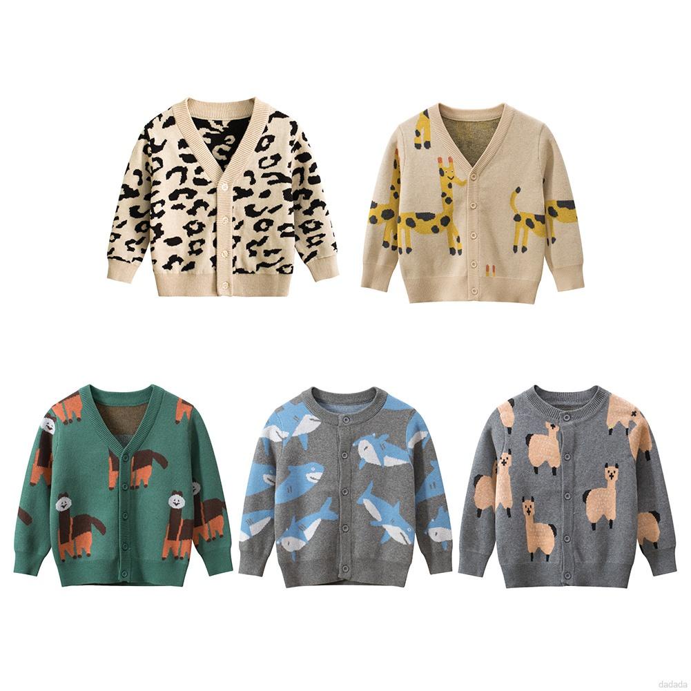 Áo khoác cardigan dệt kim tay dài cổ chữ V in họa tiết da báo hoạt hình thời trang thu đông cho bé 1-8 tuổi