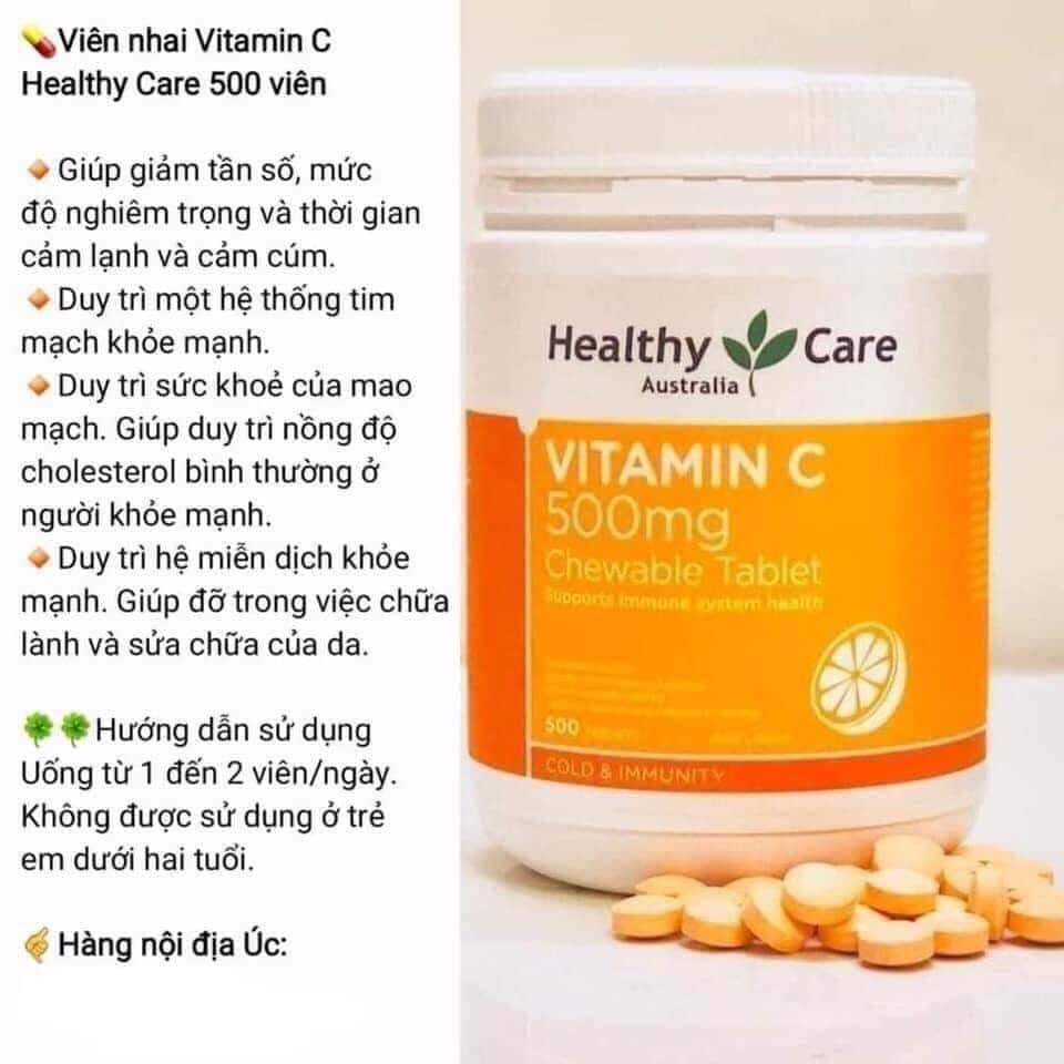 Viên uống vitamin C Healthy Care Úc 500mg Chewable Tablet  Hộp 500 viên trắng da, tăng cường sức đề kháng
