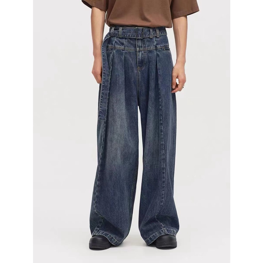 Quần Jean Ống Rộng Phối Thắt Lưng Cá Tính Dành Cho Nam Và Nữ