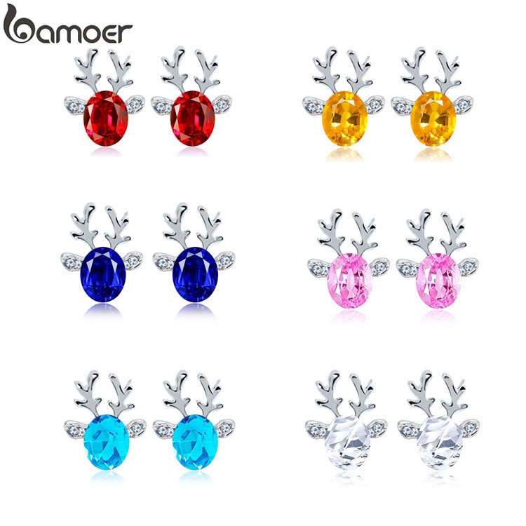 Khuyên tai BAMOER hình nụ bằng hợp kim hình nai sừng tấm đính đá dành cho dịp Giáng Sinh