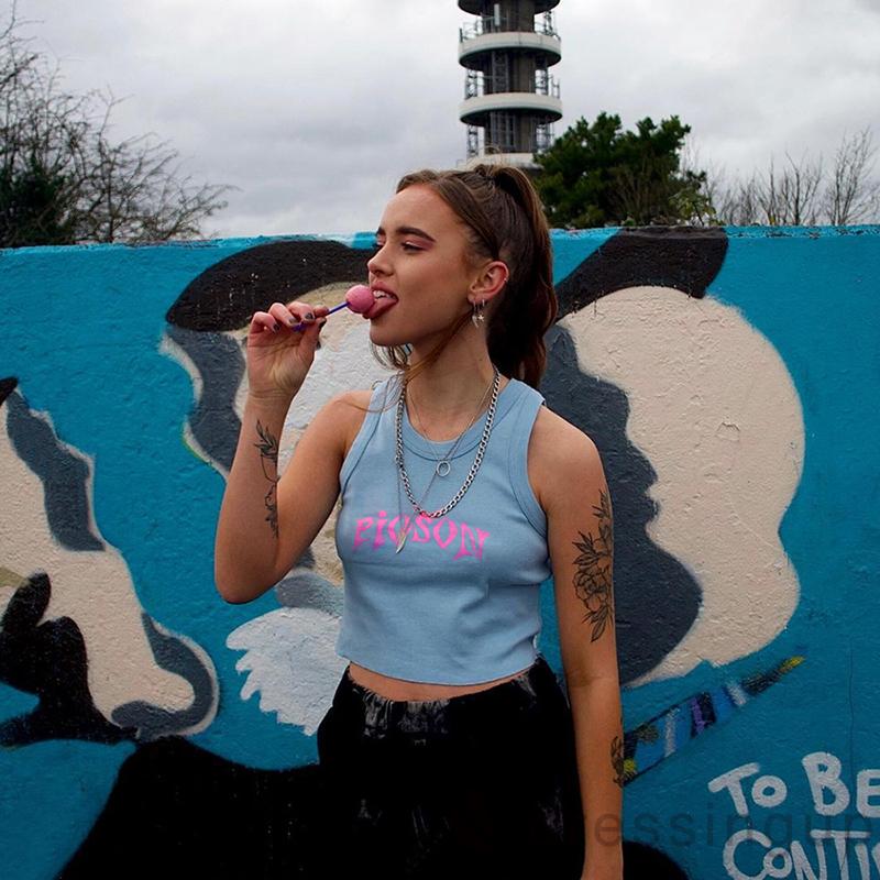 Áo Thun Sát Nách Cổ Tròn Dáng Ôm In Chữ Cá Tính Cho Nữ