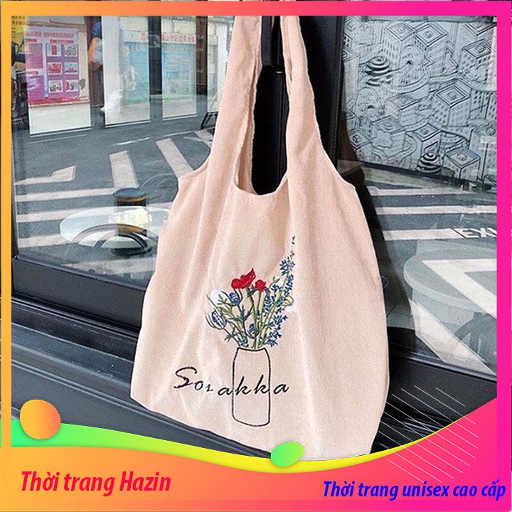 [TẶNG QUÀ HẤP DẪN] Túi tote vải bố đựng đồ canvas in hình bình hoa phong cách Hàn Quốc