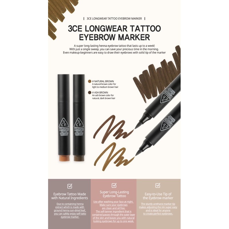 [HÀNG SĂN SALE 50%] Bút dạ vẽ mày dạng xăm 3CE LONGWEAR TATTOO EYEBROW MAKER