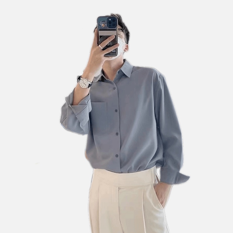 Áo Sơ Mi Tay Dài Dáng Rộng Phối Túi Thiết Kế Thoáng Khí Thời Trang Nhật Bản Cho Nam