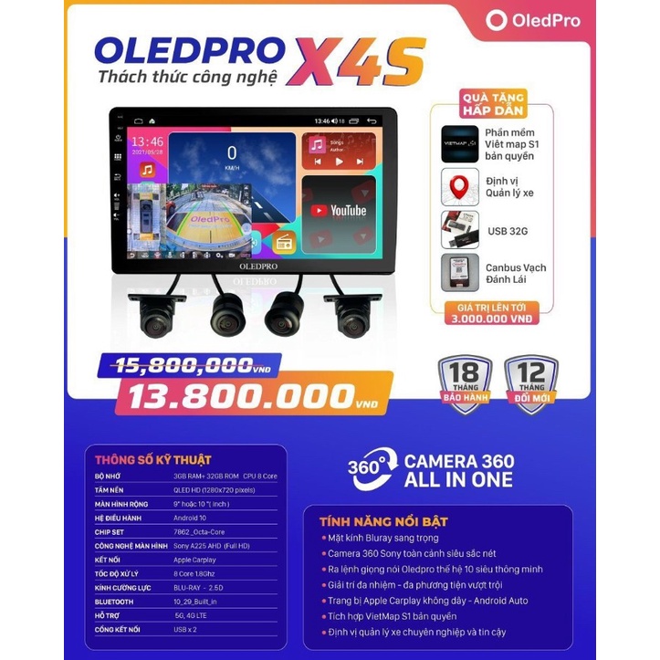 Màn Hình DVD Android Ô Tô 0LEDPR0 X4s Tích Hợp Camera 360 9 inch Ram 3-32 Chip 8 Nhân . Lắp Xe Ô Tô, Bh 18 Tháng