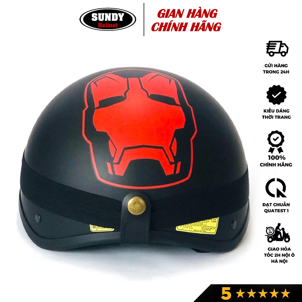 Mũ bảo hiểm nữa đầu SUNDY chính hãng, nón 1/2 Freesize (55-59cm), tem người sắt IRONMAN mạnh mẽ, kèm kính UV, phi công