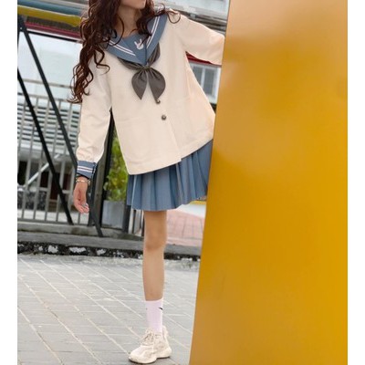 Seifuku/ Set váy đồng phục học sinh Nhật Bản: áo cổ thủy thủ in thỏ dài tay + chân váy xòe xếp ly