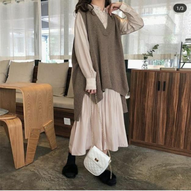 Set váy somi sơmi sơ mi đuôi cá form rộng dài tay với áo gile len xẻ tà rộng