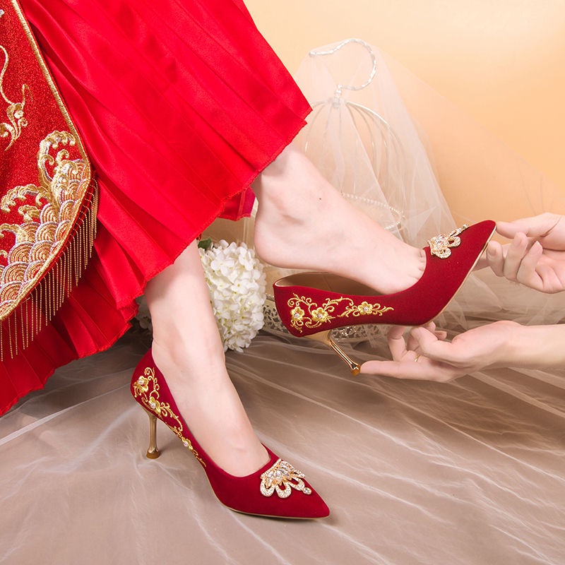 Giày Cao Gót Hai Dây 2022 Kiểu Dáng Mới Xuân Hè Phong Cách Trung Hoa Cho Cô Dâu Đám Cưới