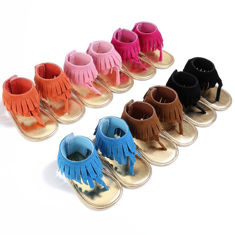 Giày sandal đế mềm kiểu kẹp ngón phối tua rua xinh xắn cho bé gái