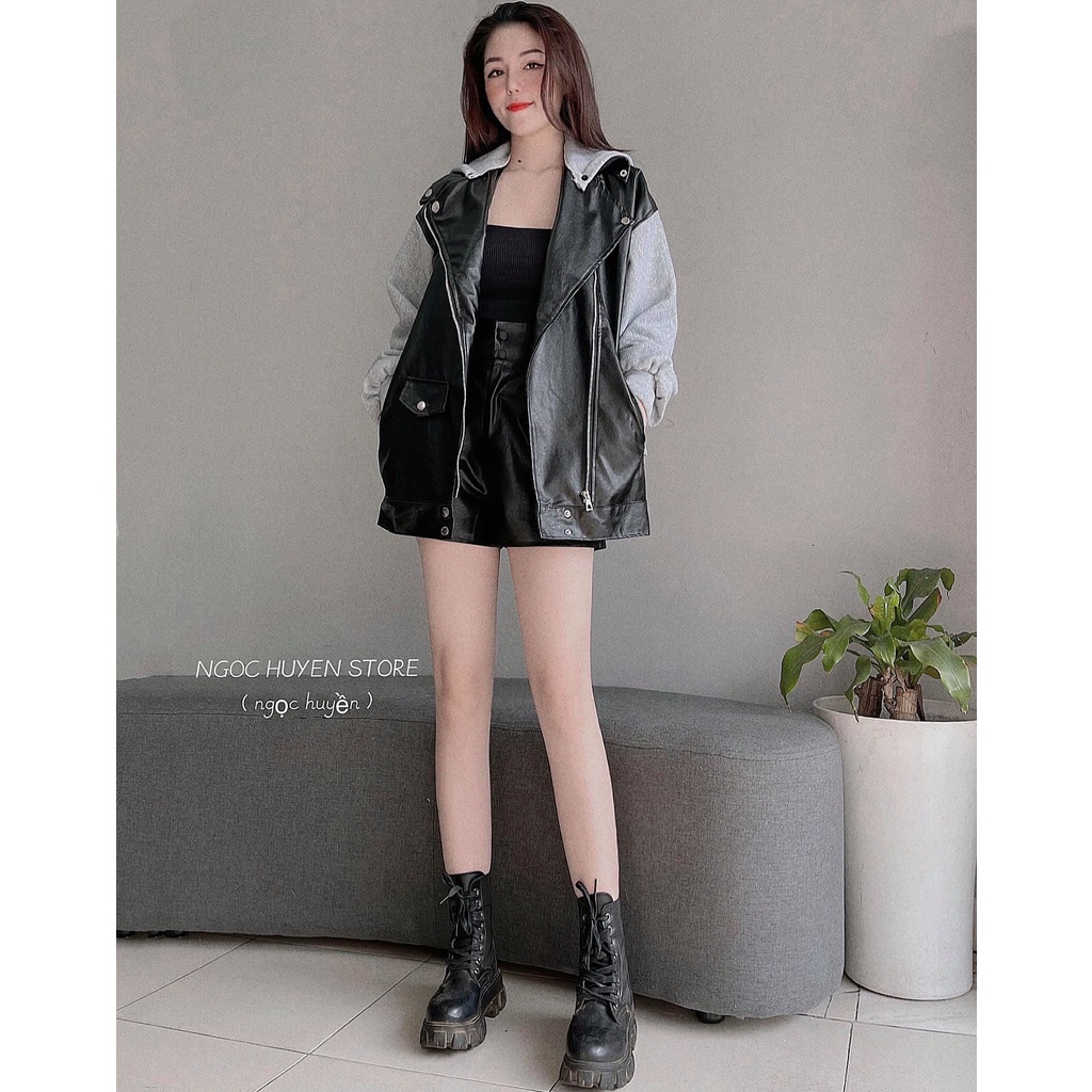 Áo khoác da nữ dáng rộng mũ tháo rời được
