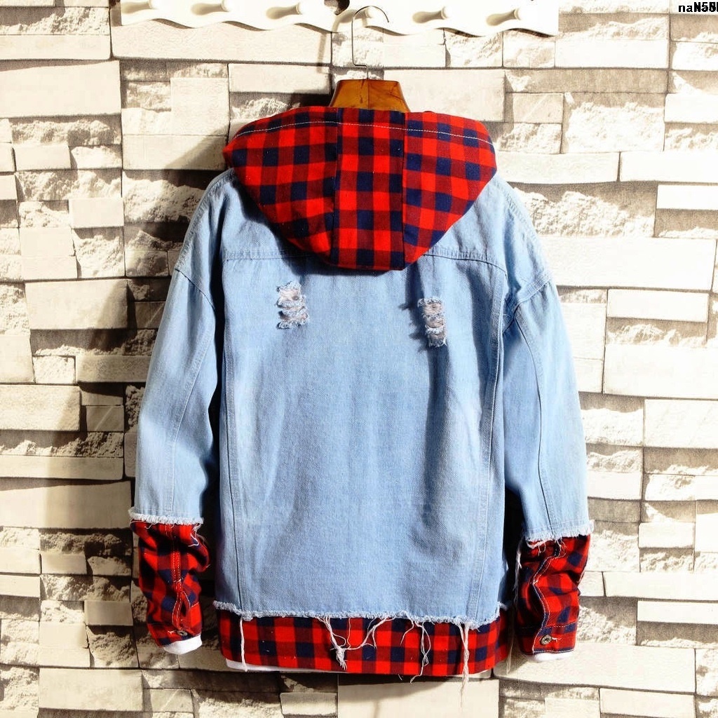 Áo Khoác Denim + Áo Khoác Có Nón Giả Hai Lớp Họa Tiết Caro Thời Trang Xuân Hè Cho Nam Và Nữ