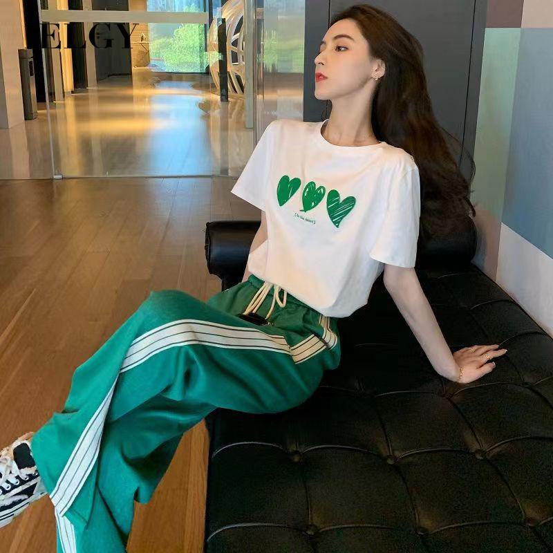 Set quần áo IELGY gồm áo thun ngắn tay + quần dài phong cách thể thao dễ phối đồ thời trang cho nữ