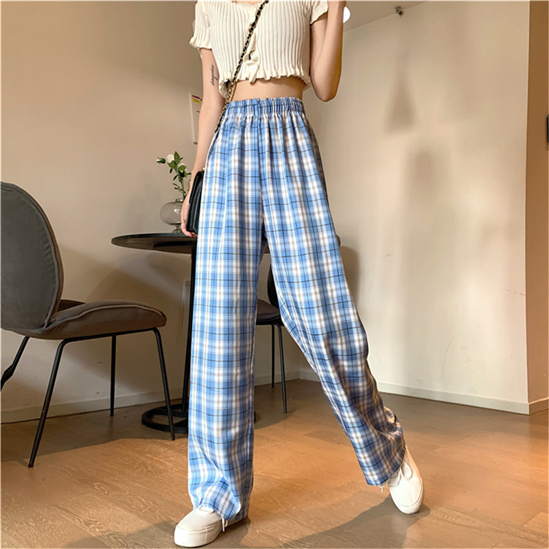 [procoolVN]Retro Plaid Wide-leg Pants Women Plaid Loose High Waist Wide Leg Long Trousers