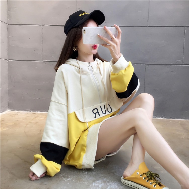 áo hoodie dáng rộng tay dài có khóa kéo