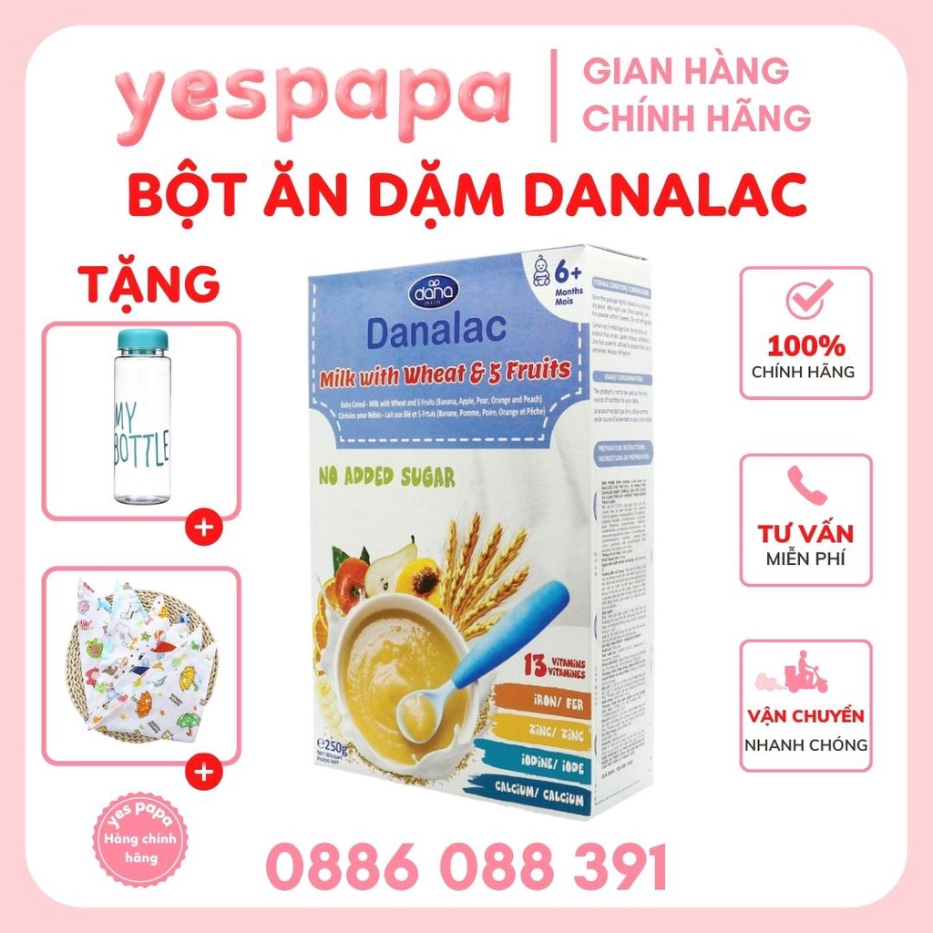 Bột ăn dặm DANALAC lúa mỳ với sữa và 5 loại trái cây - Hộp 250g