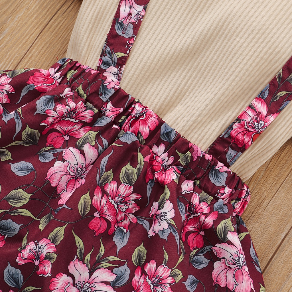 Set quần áo MIKRDOO gồm áo cotton ngắn tay màu be + chân váy yếm in hoa thời trang mùa thu xinh xắn cho bé gái