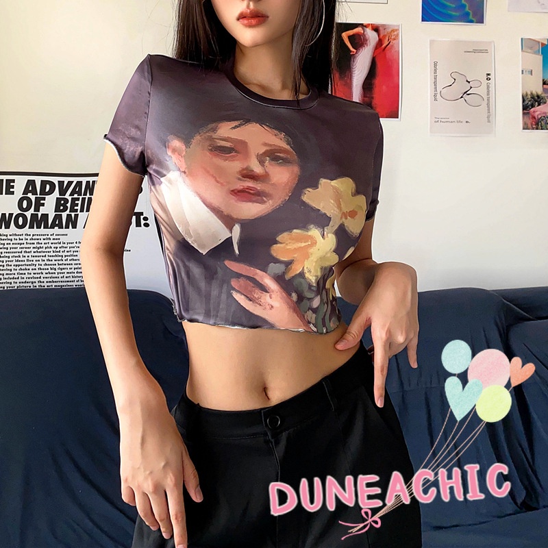 DUNEA Áo Thun Ngắn Tay In Họa Tiết Vintage Xinh Xắn Dành Cho Nữ