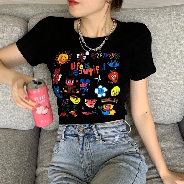 Áo thun ZHELIHANGFEI ngắn tay in họa tiết hoạt hình xinh xắn gợi cảm