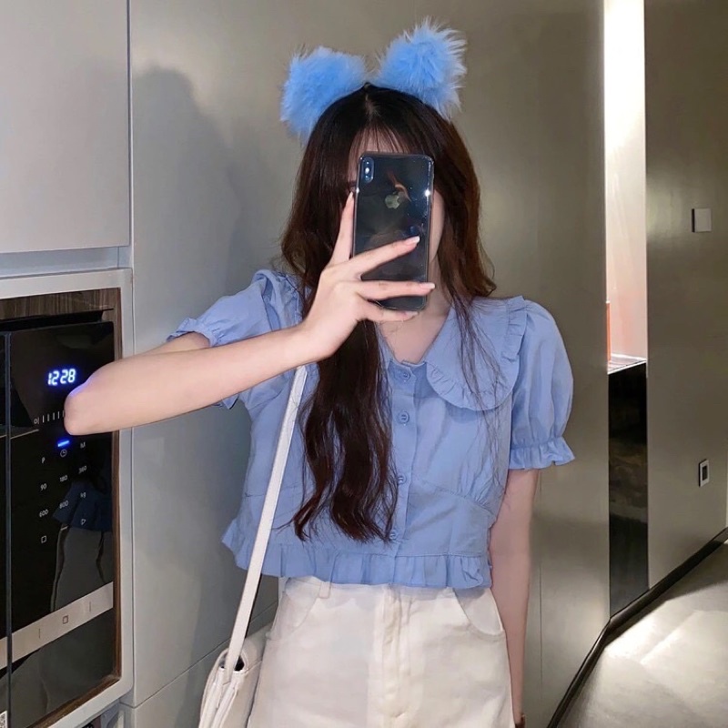 Áo sơ mi kiểu croptop tay ngăn bồng phong cách Hàn Quốc mã QD067