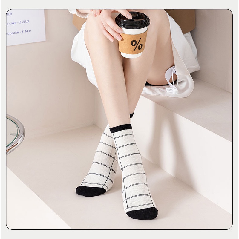 Tất cổ cao, Vớ dài nam nữ họa tiết kẻ đen trắng cổ điển phong cách Hàn Quốc chất liệu Cotton cao cấp thoáng khí TD046