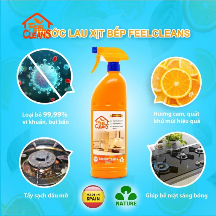 Nước lau xịt bếp FeelCleans 750ml, nước lau bếp, an toàn cho da nhạy cảm