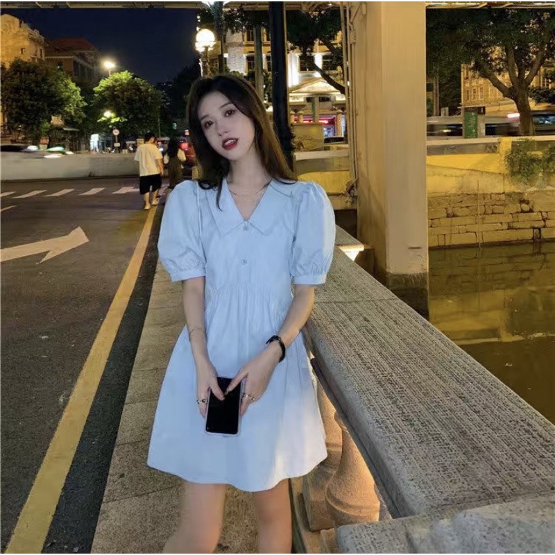 Váy đầm dáng Babydoll tay bồng cổ đức màu xanh dương xinh xắn dành cho nữ