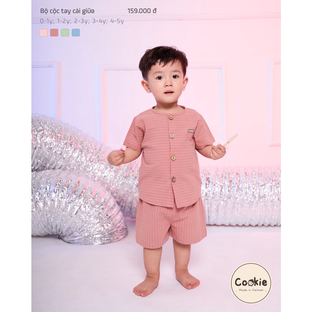 Bộ cộc tay cài giữa Cookie cho bé trai bé gái mùa hè mát mẻ cao cấp