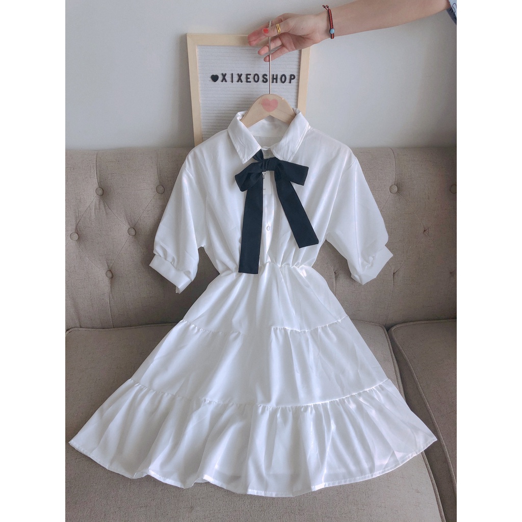 Váy nơ ngực đầm babydoll đen trắng phong cách Hàn Quốc xixeoshop - v18 | BigBuy360 - bigbuy360.vn