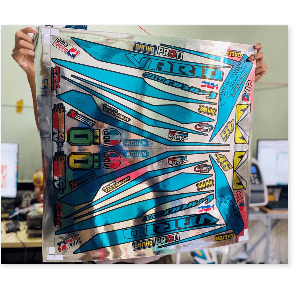 ( Quí khách vui lòng mang ra tiệm cho thợ dán ) Tem vario 150 xanh đen Crom cao cấp