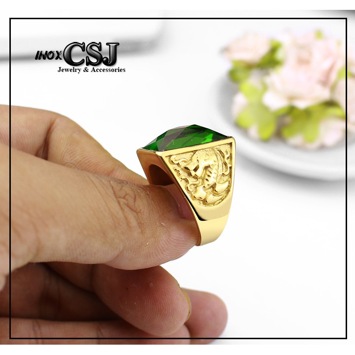 NHẪN NAM INOX MẠ VÀNG ĐÁ XANH LÁ CHẠM RỒNG siêu đẹp - tặng hộp đựng xinh xắn
