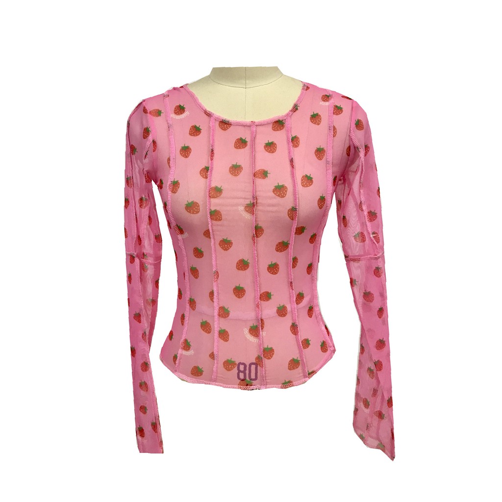 Áo thun tay dài cổ tròn in hình họa tiết quả dâu phong cách Jennie Blackpink xinh xắn cho nữ