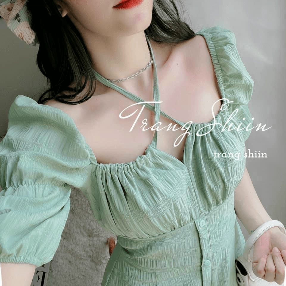 ĐẦM XỐP 2 DÂY CHÉO NGỰC, CỔ YẾM, TAY LỠ PHỒNG NHẸ, PHỐI MÀU NHÃ NHẶN, THANH LỊCH, CỰC SANG TRỌNG UP Hlan