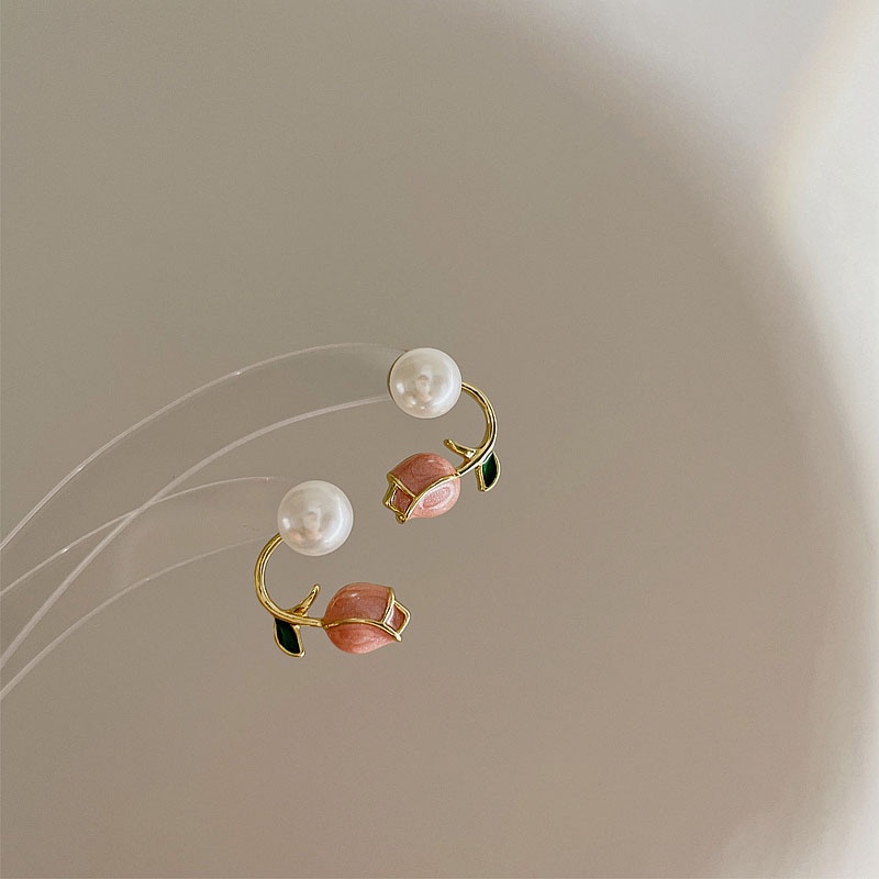 Khuyên Tai Hình Hoa Tulip Đính Ngọc Trai Đơn Giản Phong Cách Mới 2022