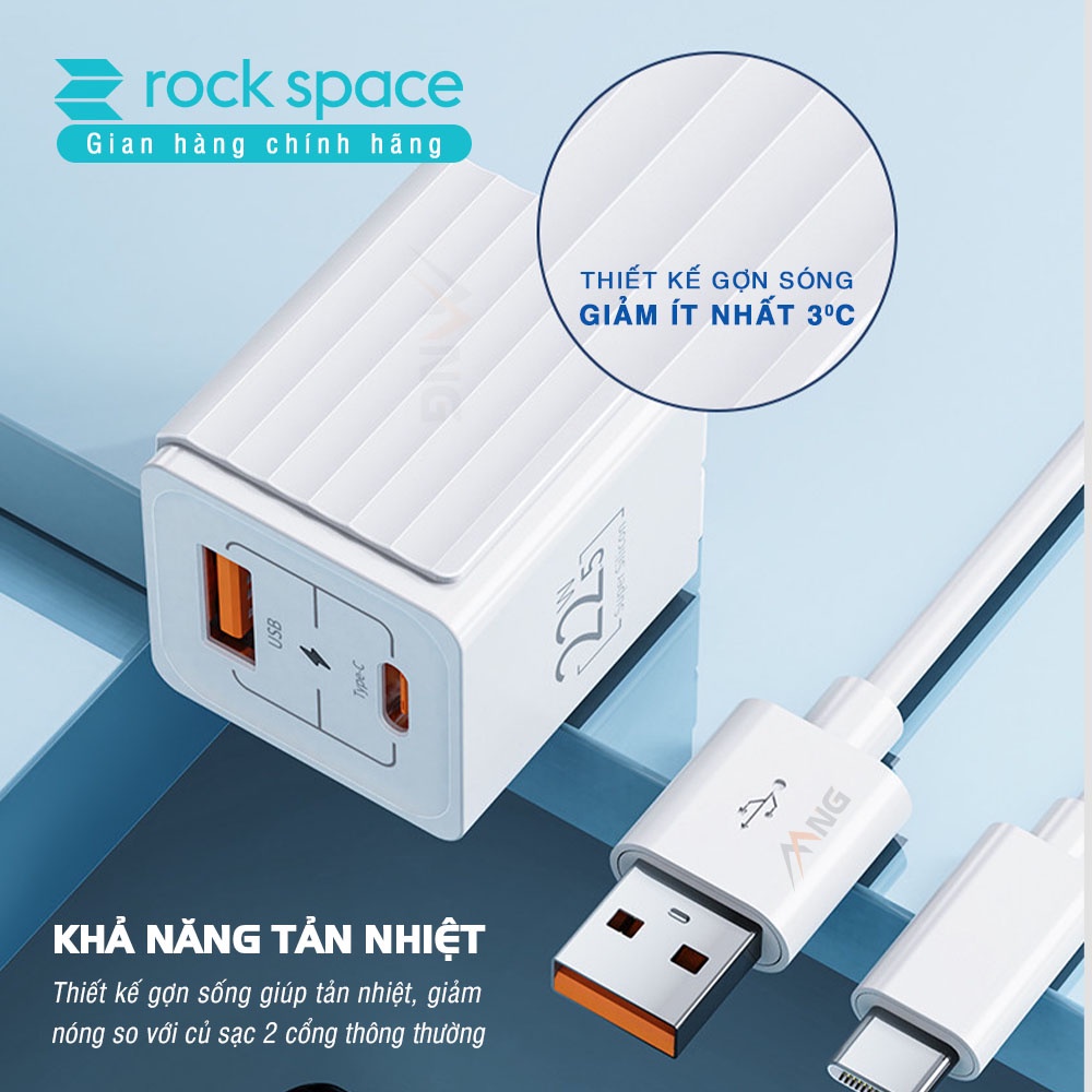 Củ sạc nhanh Rockspace T66 22.5W chuẩn PD cổng USB-TypeC không nóng máy hàng chính hãng - bảo hành 12 tháng