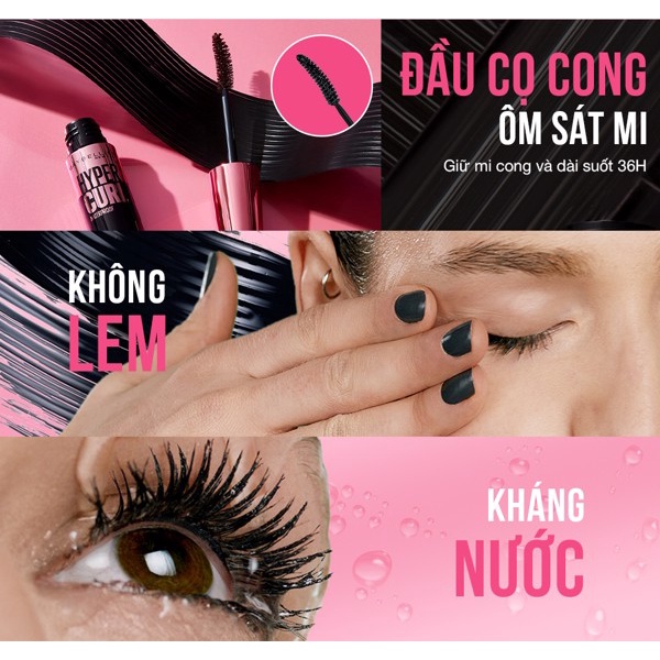 (Cong, dày mi x3)Chuốt mi Mascara Maybelline Hyper Curl Waterproof bản Thái Lan không lem, tơi mi