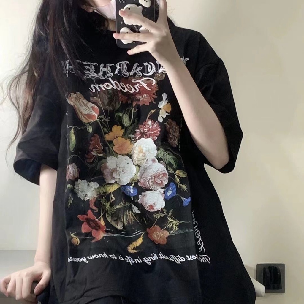 AMOI Áo Thun Tay Ngắn In Họa Tiết Tranh Sơn Dầu Phong Cách Âu Mỹ Mới